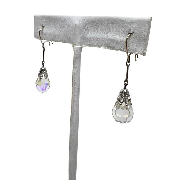 Iridescent Dangle Earrings Faceted Glass Pierced Drop Silver Tone Wire Hook - Picture 8 of 10